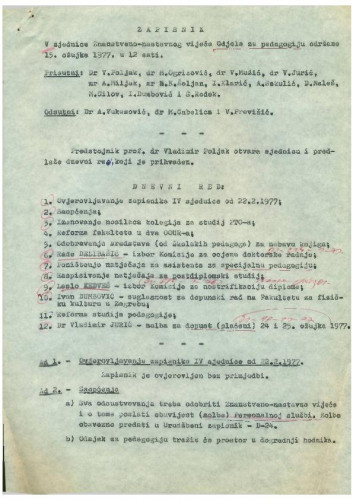 5. redovna sjednica Odjela za pedagogiju 1976.-1977.