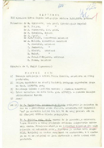 3. redovna sjednica Odjela za pedagogiju 1978.-1979.
