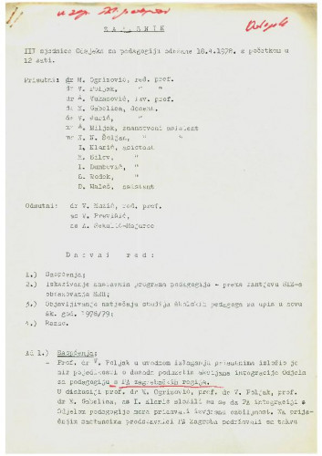 3. redovna sjednica Odjela za pedagogiju 1977.-1978.