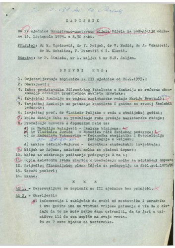 4. redovna sjednica Odjela za pedagogiju 1975.-1976.