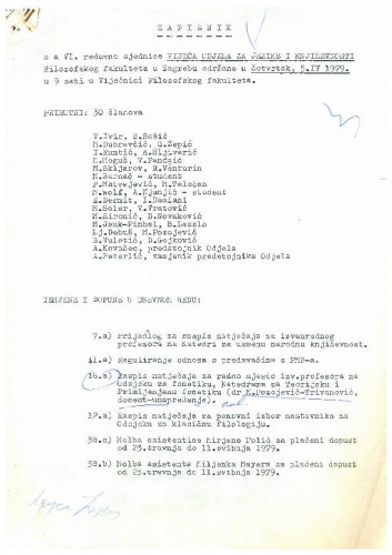 6. redovna sjednica Odjela za jezike i književnosti 1978.-1979.