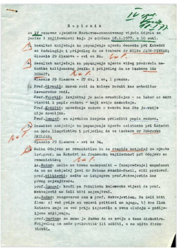 4. redovna sjednica Odjela za jezike i književnosti 1976.-1977.