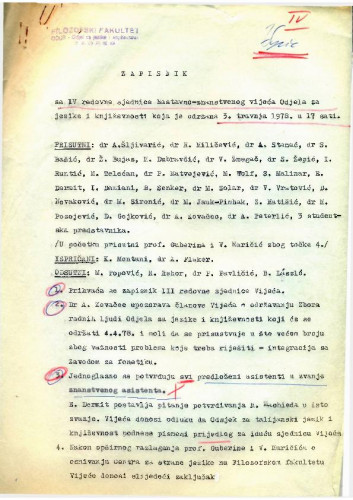 4. redovna sjednica Odjela za jezike i književnosti 1977.-1978.