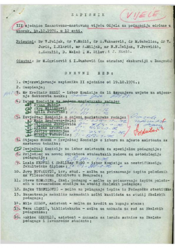 3. redovna sjednica Odjela za pedagogiju 1976.-1977.