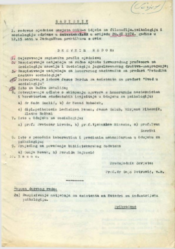 1. redovna sjednica Savjeta OOUR-a 1974.-1975.