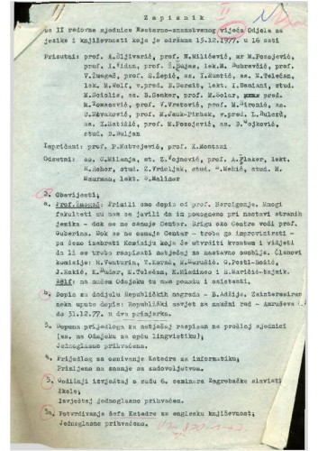 1. redovna sjednica Odjela za jezike i književnosti 1977.-1978.