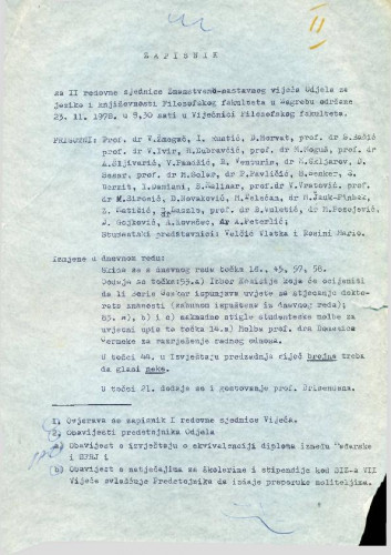 2. redovna sjednica Odjela za jezike i književnosti 1978.-1979.