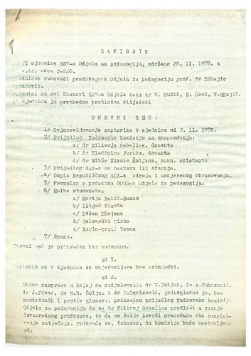 6. redovna sjednica Odjela za pedagogiju 1978.-1979.