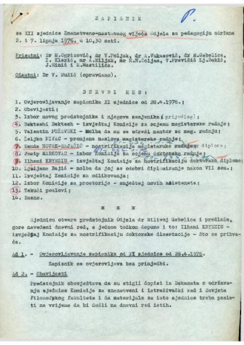 12. redovna sjednica Odjela za pedagogiju 1975.-1976.