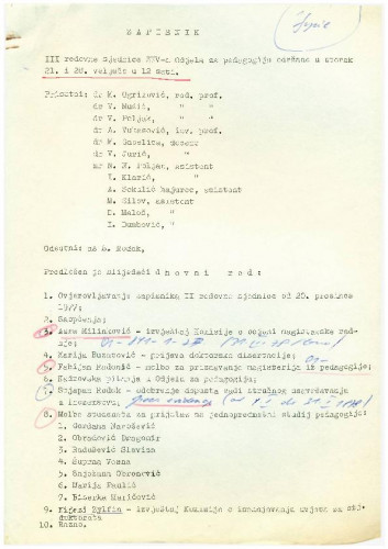 3. redovna sjednica Odjela za pedagogiju 1977.-1978.