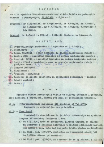 13. redovna sjednica Odjela za pedagogiju 1975.-1976.