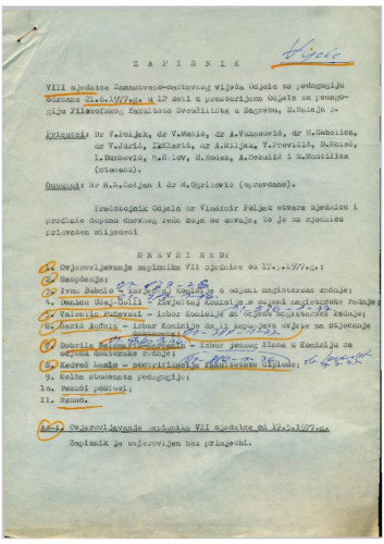 8. redovna sjednica Odjela za pedagogiju 1976.-1977.