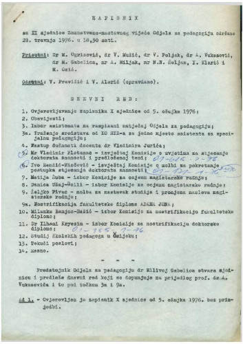11. redovna sjednica Odjela za pedagogiju 1975.-1976.