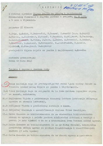 1. redovna sjednica Odjela za jezike i književnosti 1979.-1980.
