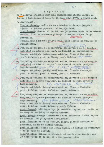 5. redovna sjednica Odjela za jezike i književnosti 1976.-1977.