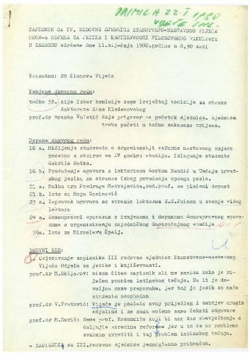 4. redovna sjednica Odjela za jezike i književnosti  1979.-1980.