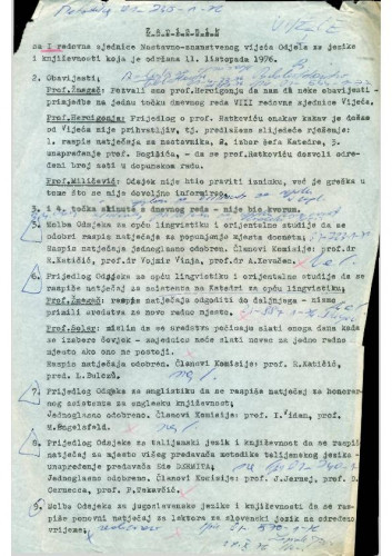 1. redovna sjednica Odjela za jezike i književnosti 1976.-1977.
