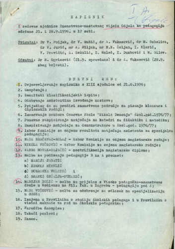 1. redovna sjednica Odjela za pedagogiju 1976.-1977.