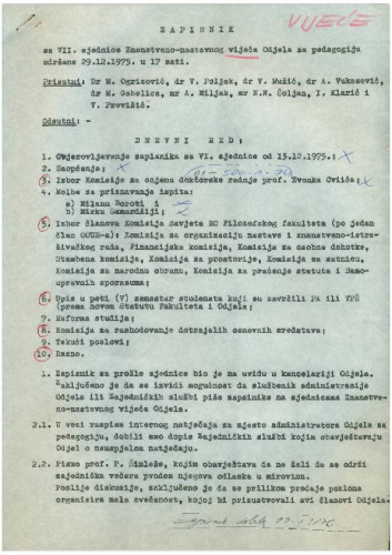 7. redovna sjednica Odjela za pedagogiju 1975.-1976.