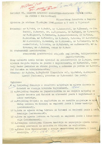 6. redovna sjednica Odjela za jezike i književnosti 1979.-1980.