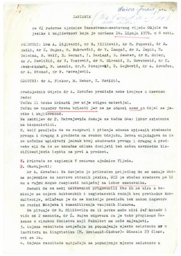 6. redovna sjednica Odjela za jezike i književnosti 1977.-1978.