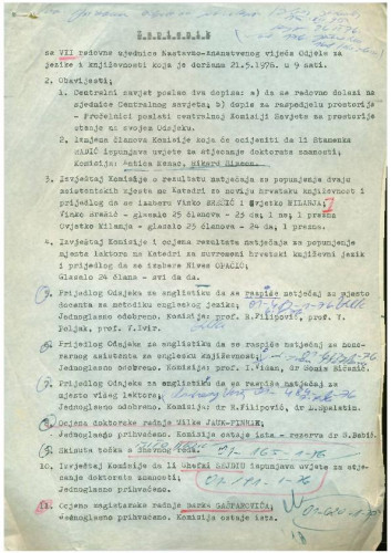 7. redovna sjednica Odjela za jezike i književnosti 1975.-1976.